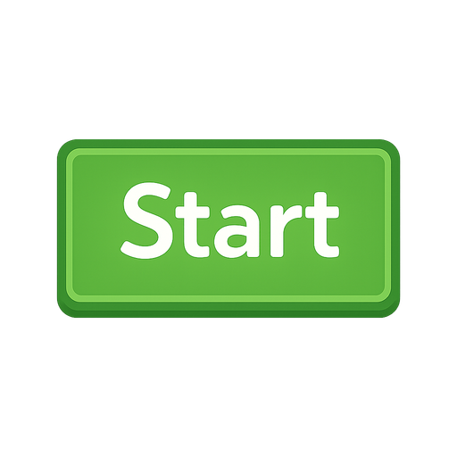 üzerinde start yazan yeşil bir buton. No background. Transparent background. Blank background. No shadows. 2d. In-Game asset. flat