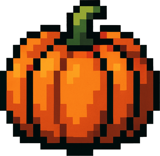 A pumpkin pixel.
In-Game asset.  2d.  High contrast.  No shadows