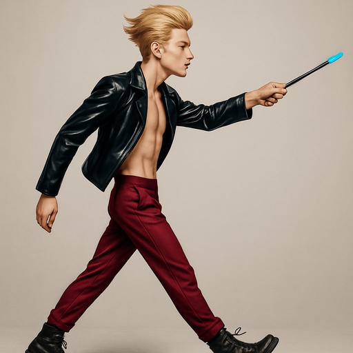 Swishy graceful man Cyberpunk manga, wand pointed straight ahead, arm extended, side profile view attack animation, shiny black leather biker jacket longsleeves shirtless Skinny abs blonde pompadour guy, action shot wine red joggers combat boots, Background removed, "Full-body character, entirely in frame, no cropping of face, head, or feet" "Complete character visible, from head to toe, fully centered in the image" "Entire character, including face and boots, fully within the frame" Character fully contained within a square frame, no edges cut off fashion model walking pose Style of vogue magazine