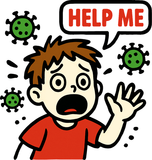 a scared kid from corona virus say help me.
In-Game asset.  2d.  High contrast.  No shadows