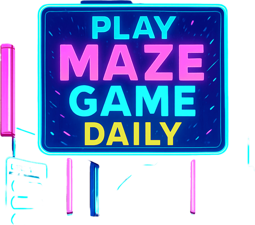 “Render a futuristic plaza interior with holographic directories, neon columns, and reflective glass panels. A massive overhead display reads ‘Play Maze Game daily’ in bold animated text. Include drifting digital confetti effects, subtle rain droplets on glass, and ambient neon glow—no characters or coins.”.
In-Game asset.  2d.  High contrast.  No shadows