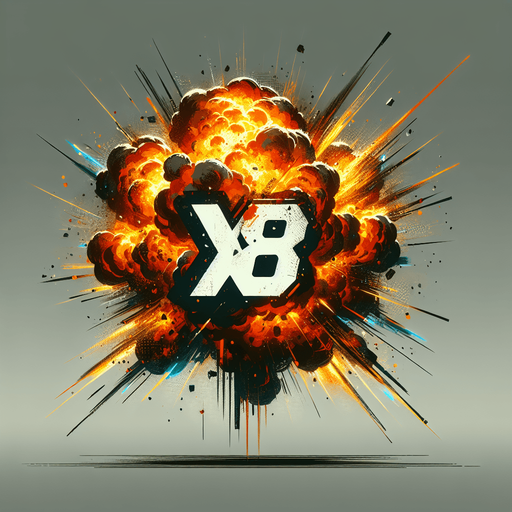 爆炸，里面有X8的字样.
Single Game Texture. In-Game asset. 2d. Blank background. High contrast. No shadows.