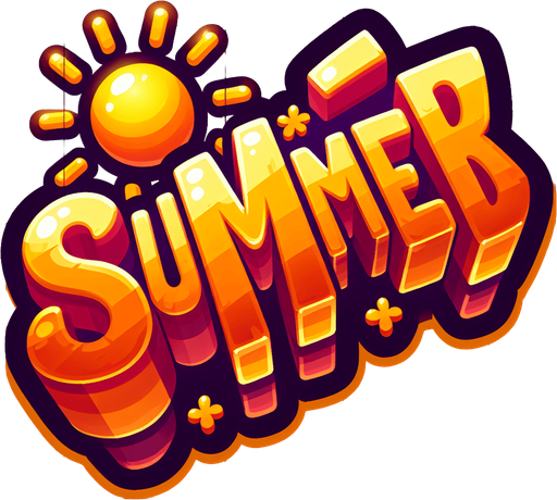 Create an SVG text design for "SUMMER" in bold cartoon style with chunky rounded letters. Add sun rays and small flower details in warm, vibrant colors.​​​​​​​​​​​​​​​​.
Single Game Texture. In-Game asset. 2d. Blank background. High contrast. No shadows.