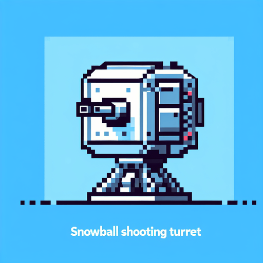square shaped snowball shooting turret. pixelated. 8 bit. Single Game Texture. In-Game asset. 2d. Blank background. High contrast. No shadows.