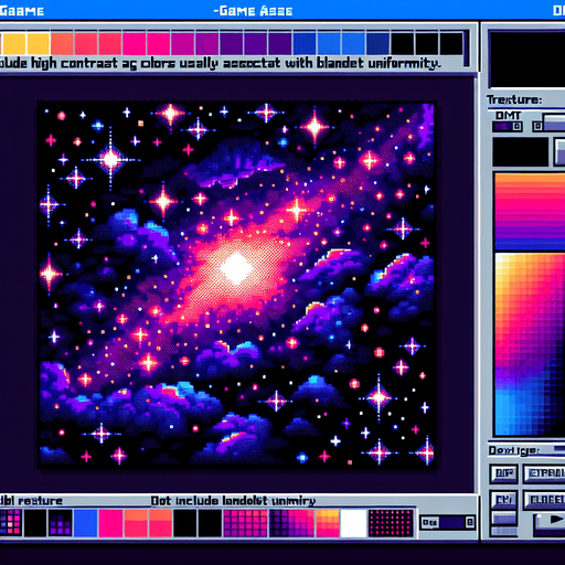Dark night sky. Dim stars. DMT psychedelic.
Single Game Texture. In-Game asset. 2d. Blank background. High contrast. No shadows. 8 bit