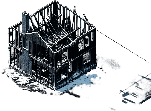 overhead view of charred remains of a completely burned down box house snowy lawn video game asset 2d blank background Single Game Texture. In-Game asset. 2d. Blank background. High contrast. No shadows.