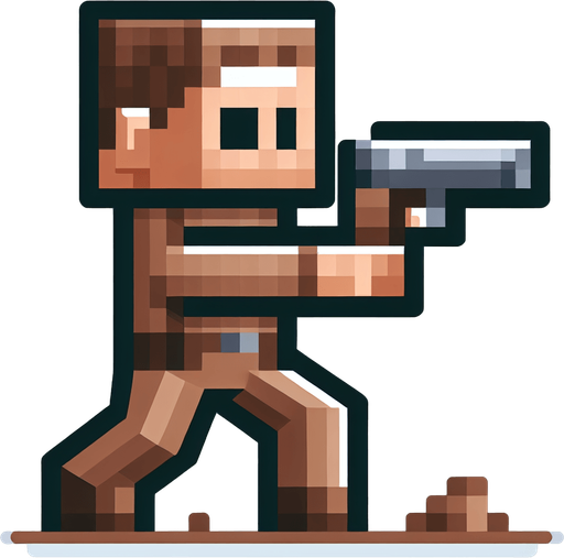 Brown block shooting a gun 2d.
Single Game Texture. In-Game asset. 2d. Blank background. High contrast. No shadows.