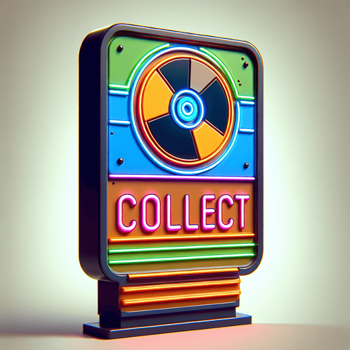 retro sign with the word collect and a datadisk symbol in neon colors...
Single Game Texture. In-Game asset. 2d. Blank background. High contrast. No shadows.