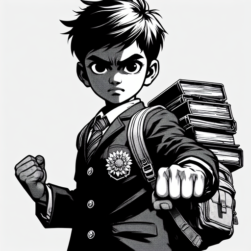 A school kid ready to punch.
Single Game Texture.  In-Game asset.  2d.  Blank background.  High contrast.  No shadows