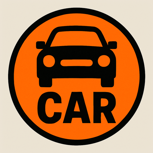 Car yazili araba temali turuncu ve daire bir dugme.
In-Game asset.  2d.  High contrast.  No shadows