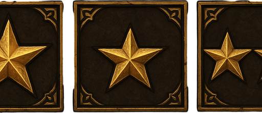 slice 3 the screen. First One golden star, second two golden stars, third three golden stars all in LOTR style.
In-Game asset.  2d.  High contrast.  No shadows