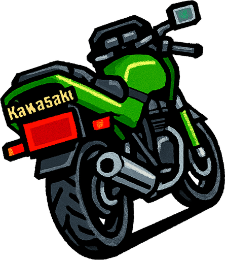 bir kawasaki motoru arkadan bakıldığında yukarıdan aşağıya gta2 tek oyun dokusu . oyun içi varlık. 2d. boş arka plan. yüksek kontrast. gölge yok.  motor perspektif olarak sağa yatık olsun.
In-Game asset.  2d.  High contrast.  No shadows