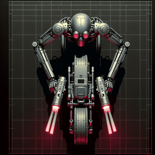 A thin robot with goggles riding a hover-bike. Twin blaster guns mounted on front. Top down view. Birds Eye view. Cyberpunk with red glowing highlights...
Single Game Texture. In-Game asset. 2d. Blank background. High contrast. No shadows.