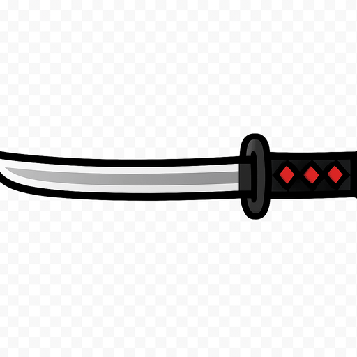Draw a 2D side-view katana with a sleek silver blade and a black-and-red hilt, in a flat cartoon style suitable for an action game. The sword should be horizontal with a transparent background.
In-Game asset.  2d.  High contrast.  No shadows