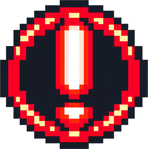 8-bit pixelated red round LED circle with a large exclamation sign indented in the center.
Single Game Texture. In-Game asset. 2d. Blank background. High contrast. No shadows.