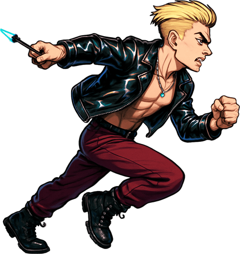 Cyberpunk American manga anime, side profile view running animation frames, shiny black leather biker jacket longsleeves shirtless thin abs pecs necklaces gemstone tipped wand, action shot fierce fashion pose animation blonde undercut pompadour, vampire fangs, wine red joggers, combat boots, Background removed, "Full-body character, entirely in frame, no cropping of face, head, or feet" "Complete character visible, from head to toe, fully centered in the image" "Entire character, including face and boots, fully within the frame" Character fully contained within a square frame, no edges cut off,
