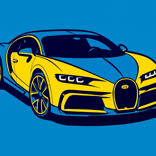 Bugatti veyron but 2025 model and blue and yellow.
In-Game asset.  2d.  High contrast.  No shadows