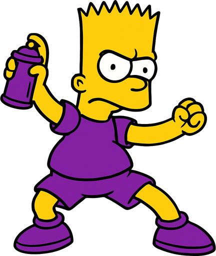 Bart holding a purple Spraycan while he is wearing purple shoes and shorts. Show all of his body in a fighting stance
In-Game asset.  2d.  High contrast.  No shadows