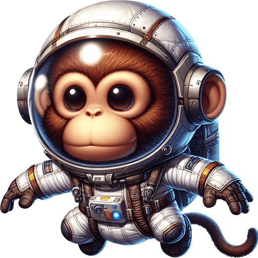monkey astronaut.
Single Game Texture. In-Game asset. 2d. Blank background. High contrast. No shadows. transparent background