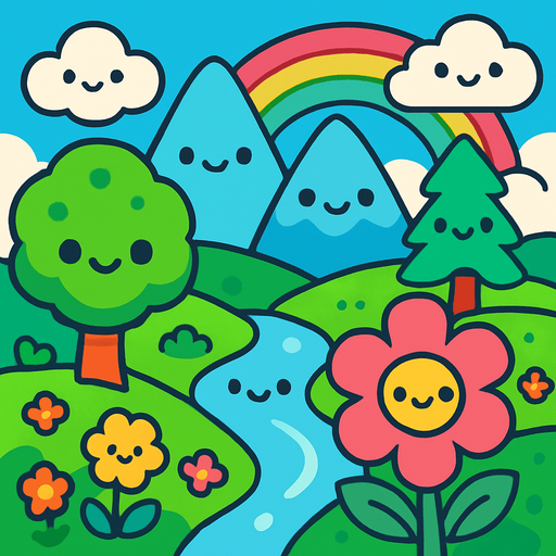 crea un paisaje kawai.
In-Game asset.  2d.  High contrast.  No shadows
