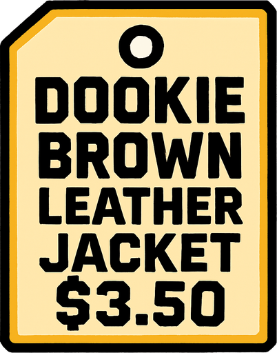 price tag that's says Dookie Brown Leather Jacket $3.50.
In-Game asset.  2d.  High contrast.  No shadows