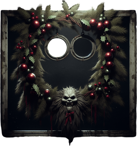 eerie christmas inspired krampus frame with two circular holes with a resident evil style.
Single Game Texture. In-Game asset. 2d. Blank background. High contrast. No shadows.