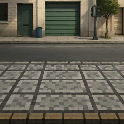 A realistic urban background with a pixel art style sidewalk. The pavement should clearly show pixelated texture and structure, resembling retro pixel art, while the rest of the scene maintains a more detailed or semi-realistic look..
In-Game asset.  2d.  High contrast.  No shadows