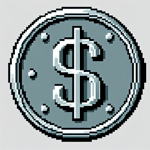 silver coin, $ sign on it, snes art.
Single Game Texture.  In-Game asset.  2d.  Blank background.  High contrast.  No shadows