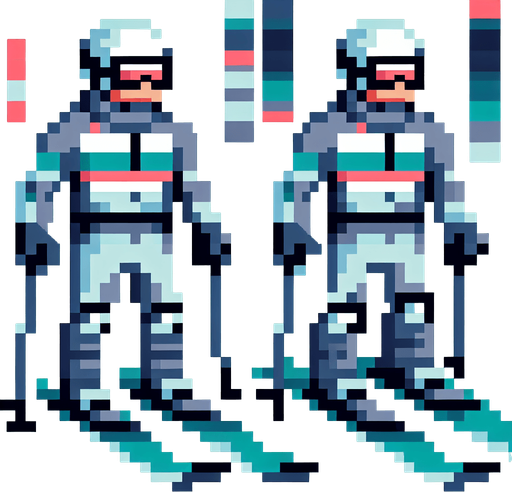 Pixel art of a Skiier. front view. side view..
In-Game asset. 2d. Blank background. High contrast. No shadows.