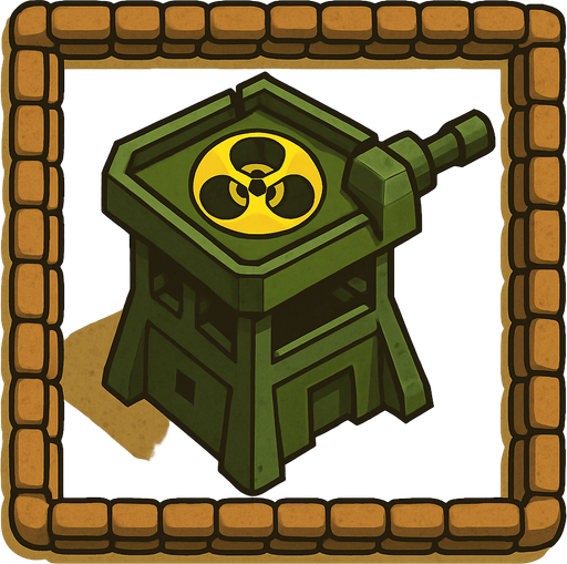 Top view of an Green defense Military tower large Toxic, in the desert, the image has a square border outlined by military defense Brown sandbags.
In-Game asset.  2d.  High contrast.  No shadows