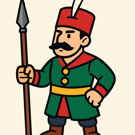 Animasyon çizgi dizi tarzında bir Osmanlı mızrakçısı.
In-Game asset.  2d.  High contrast.  No shadows