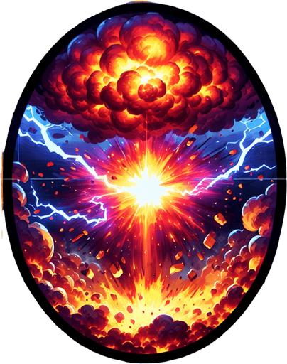 oval fire and thunder explosive event.
Single Game Texture.  In-Game asset.  2d.  Blank background.  High contrast.  No shadows