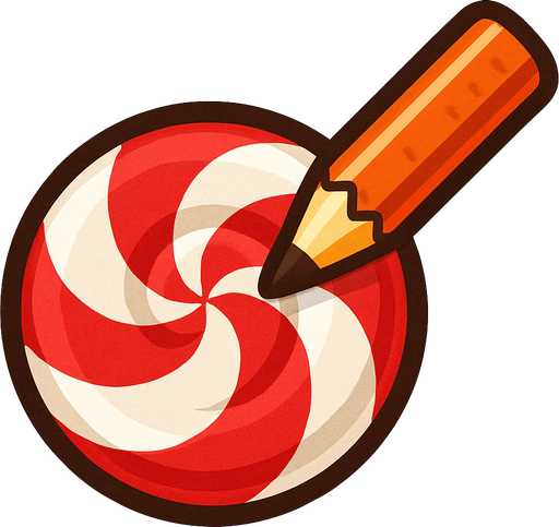 Yuvarlak bir şeker ve üstünde ona ucu değen sağ üstte bir kalem.
In-Game asset.  2d.  High contrast.  No shadows