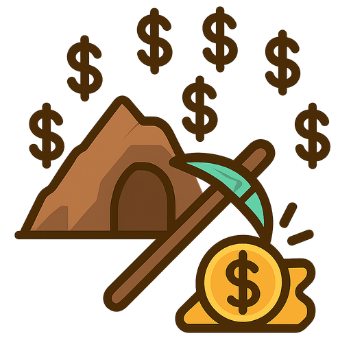 A diamond pickaxe resting on a mining icon, with raining dollar signs in the background. No background. Transparent background. Blank background. No shadows. 2d. In-Game asset. flat