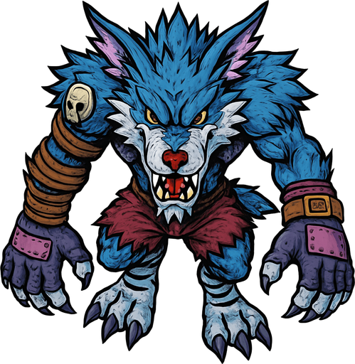WereGarurumon, visto desde arriba, detalles muy altos, sin errores, original
In-Game asset.  2d.  High contrast.  No shadows