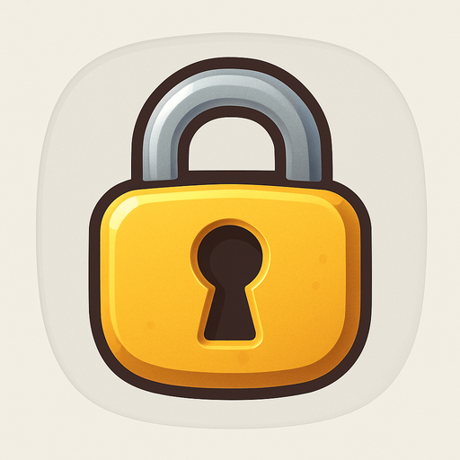 A small, flat 2D padlock icon designed for mobile games. The lock should be cartoon-style with a rounded body, thick outline, and a keyhole in the center. Use soft shadows and a slight 3D effect. The color should be golden yellow or metallic gray, clearly visible when placed over a flag. The icon must have a transparent rounded background and be suitable for overlaying on a world map UI in a kids’ adventure game..
In-Game asset.  2d.  High contrast.  No shadows