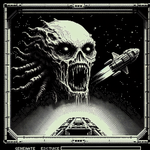 Draw a scary and grotesque alien, similar to the ones from the movie Alien, attacking a spaceship positioned at the bottom of the screen..
Single Game Texture. In-Game asset. 2d. Blank background. High contrast. No shadows.
