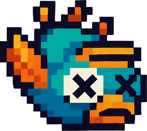 A pixel art version of the same bird character shown in a defeated state, designed for a 2D side-scrolling game. The bird appears to be falling downward or lying upside down, with closed or X-shaped eyes and limp wings. Its beak might be slightly open, and its posture should suggest that it is unconscious or dead. The overall style should remain cute and cartoonish, fitting the retro pixel art theme, but clearly indicate that the bird is no longer alive.