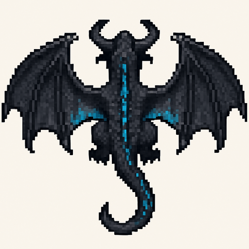 “Pixel art dragon viewed from top-down, with wide leathery wings fully spread, long tail, visible back ridges and horns. Dark grey or black scales, subtle blue flame glow under the wings and spine, menacing but organic design. Sized to carry a small goblin rider on its back. 2D video game asset, fantasy themed.”.
In-Game asset.  2d.  High contrast.  No shadows.
In-Game asset.  2d.  High contrast.  No shadows