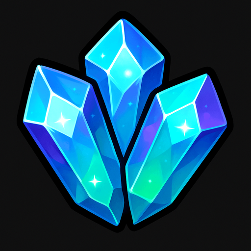 Crea un icono de cristales que represente el recurso mágico y avanzado. Debe ser un pequeño clúster de cristales facetados y brillantes (pueden ser de un solo color dominante o una mezcla sutil de azul, verde y púrpura), vistos directamente desde arriba. La superficie superior debe mostrar los planos de los cristales y un brillo translúcido que sugiera su naturaleza energética..
In-Game asset.  2d.  High contrast.  No shadows