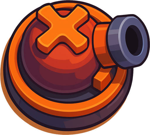 Crea la Torre Splash en un estilo 2D renderizado, limpio y cartoonish, con contornos claros y definidos, colores vibrantes con transiciones suaves, y sombreado que da volumen a sus superficies superiores.
La perspectiva debe ser VISTA CENITAL (totalmente desde arriba). Esto significa que la torre se verá como si estuviera siendo observada directamente desde arriba, con los detalles de su parte superior siendo prominentes.
La base de la torre debe ser circular para permitir un movimiento de cañón cómodo. El mortero/cañón de impacto o el orificio de disparo debe estar orientado hacia la DERECHA.
La torre debe tener un perfil bajo y la menor cantidad de relieve vertical posible para facilitar una rotación fluida en la animación. El "splash" se refiere al daño de área por impacto o explosión (no a agua), por lo que el diseño debe evocar artillería pesada o explosivos..
In-Game asset.  2d.  High contrast.  No shadows