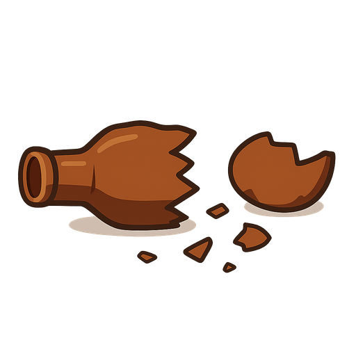 Kırılmış bir cam şişe iki büyük parça olmuş ve etrafta küçük parçalar var . No background. Transparent background. Blank background. No shadows. 2d. In-Game asset. flat
