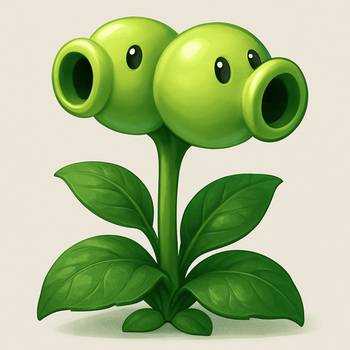 Forma general: Es una planta con un tallo central del que brotan hojas y, en la parte superior, tiene dos "cabezas" o vainas de guisante.

Color: Predomina un color verde claro brillante en todo el cuerpo de la planta, con algunas sombras que le dan volumen y realismo. Las hojas y el tallo son de un verde ligeramente más oscuro.

Cabezas/Vainas: Tiene dos vainas de guisante esféricas unidas, dispuestas una al lado de la otra. Cada una de ellas actúa como un cañón:

Orificios de disparo: Ambas vainas tienen una abertura frontal redonda y oscura, que es por donde disparan los guisantes.

Ojos: Cada vaina tiene dos pequeños ojos oscuros, similares a cuentas, que le dan una expresión curiosa o atenta.

Hojas: En la base de las vainas y a lo largo del tallo, hay varias hojas grandes y ovaladas de color verde oscuro, con nervaduras visibles.

Estilo artístico: La imagen tiene un estilo más renderizado y detallado que las ilustraciones típicas del juego, con un sombreado suave que le da una a.
In-Game asset.  2d.  High contrast.  No shadows