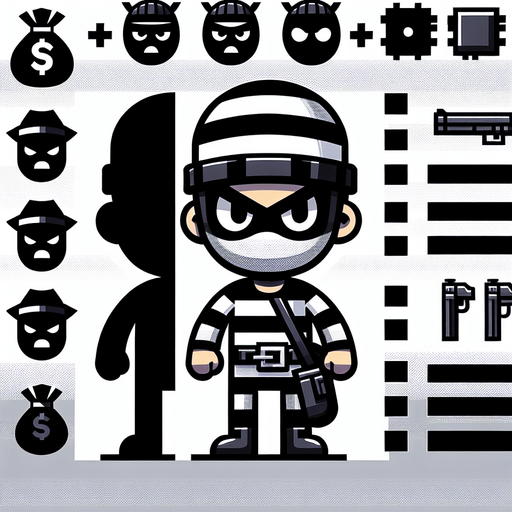robber.
Single Game Texture. In-Game asset. 2d. Blank background. High contrast. No shadows.