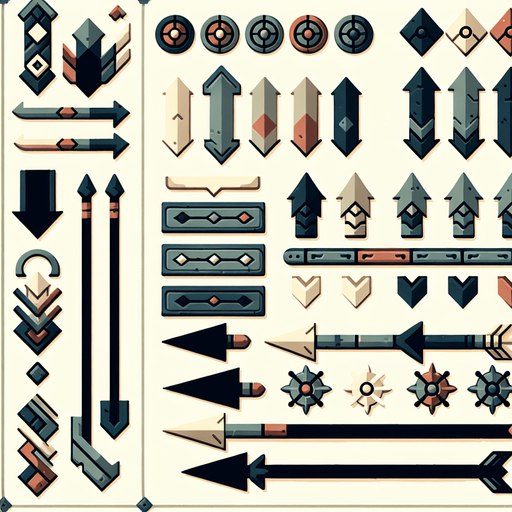 A spritesheet containing various interface elements for a viking themed game, including arrows in various colors pointing up. all in muted colors..
Single Game Texture. In-Game asset. 2d. Blank background. High contrast. No shadows.