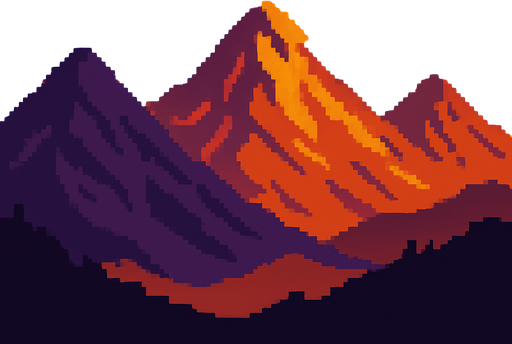 Montañas en atardecer pixelart.
In-Game asset.  2d.  High contrast.  No shadows