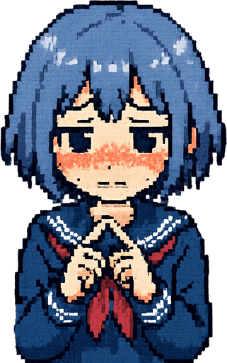 Stella is a sweet and very kawaii 15-year-old anime girl with short, soft blue-gray hair (HEX: #b0b9d8) and black eyes. She wears a traditional Japanese school uniform called a sailor fuku. Stella is extremely shy—she blushes easily, avoids eye contact, and often covers herself when she feels nervous. In this Pixel Art scene, she’s gently touching the tips of her index fingers together, a classic gesture of shyness seen in anime. Behind her is the courtyard of a Japanese middle school, completing the charming school setting..
In-Game asset.  2d.  High contrast.  No shadows