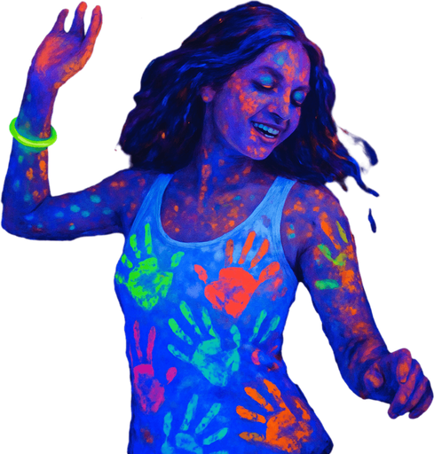 Dancing woman in a white top filled with multi-colored UV ink palm prints. UV luminous bracelet on the arm