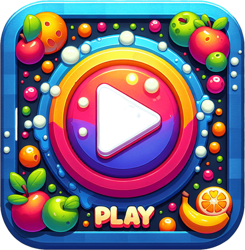 "play" text written on the button fruits splash around the border.
Single Game Texture.  In-Game asset.  2d.  Blank background.  High contrast.  No shadows