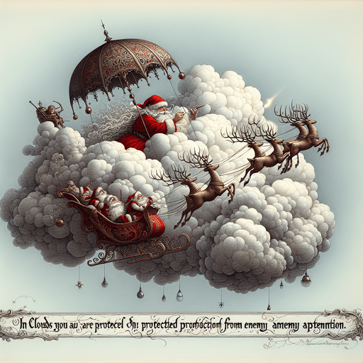 a pergament of Santa hiding with his flying sleigh and reindeers in a cloud. There is the text "In clouds you are protected from enemy attention."